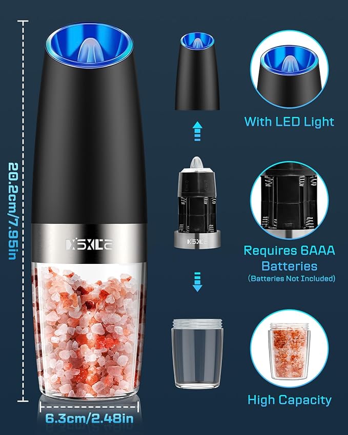 XinXu Gravity Electric Pepper and Salt Grinder Set, Adjustable Coarseness, with LED Light, One Hand Automatic Operation (Set/Black X) - Bloomnest
