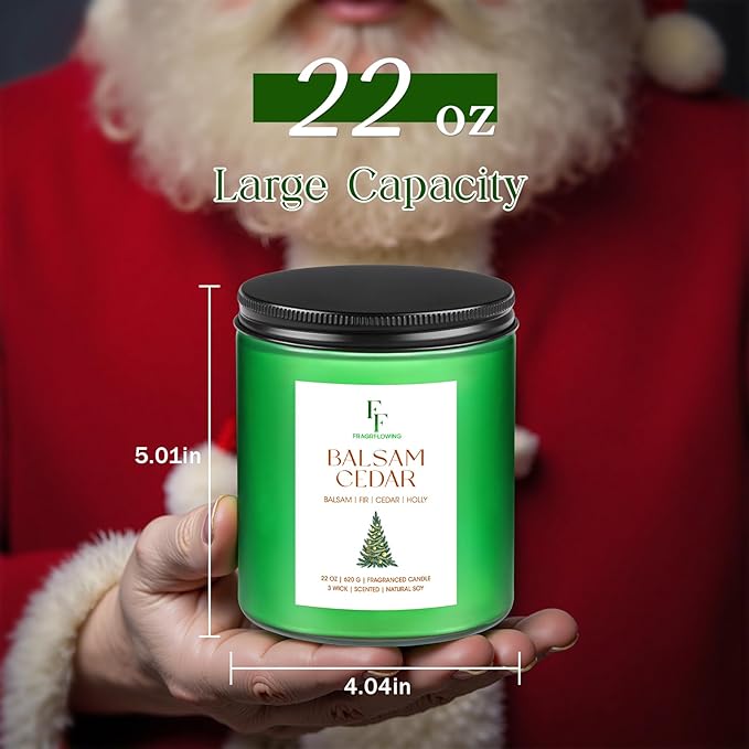 Large Christmas Candle Balsam Cedar Scented, 3-Wick 22oz Long Lasting Scented Candle, Natural Soy Wax Aromatherapy Candle for Home, Holiday Candle Gifts for Women Men - Bloomnest