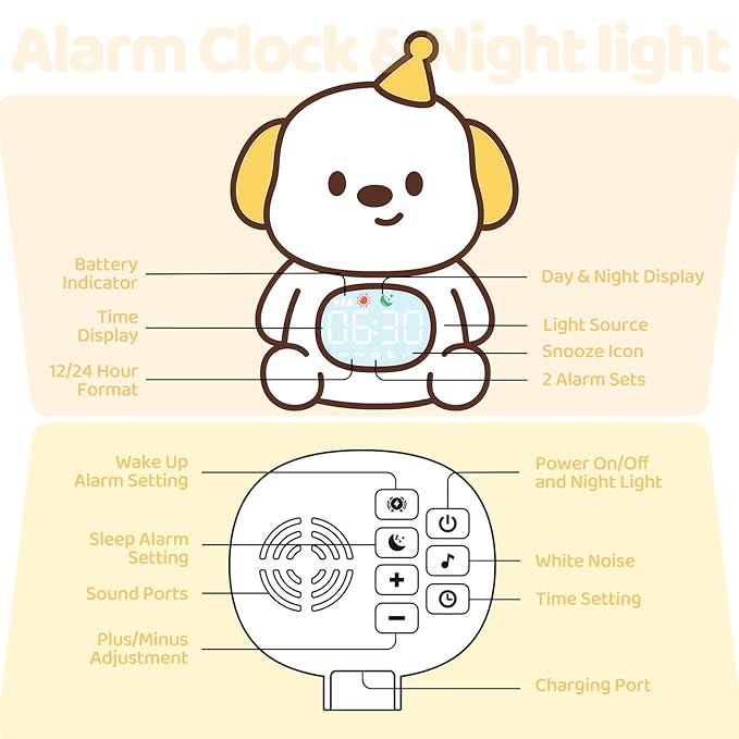 Dog Alarm Clock with Night Light for Kids with Sleep Training and Sound Machine, Rechargeable Silicone Lamp OK to Wake Clock，Cute Animal Tabletop Lamp, Perfect Sleep Companion for Boys Girls - Bloomnest