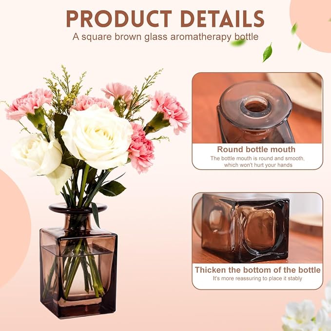 150ML/5OZ Square Amber Glass Diffuser Bottles Empty Refillable Vintage Diffuser Jars Decorative Aromatherapy Containers for Home Office Bloomnest