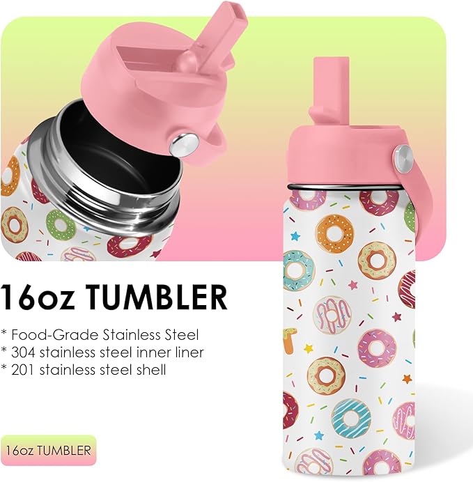 Donut Lover Gifts for Kids - 16oz Insulated Stainless Steel Water Bottle with Straw Lid, Leakproof BPA-Free Tumbler for School, Travel - Cute Donut Design Kids Cup for Boys & Girls (1pc) - Bloomnest