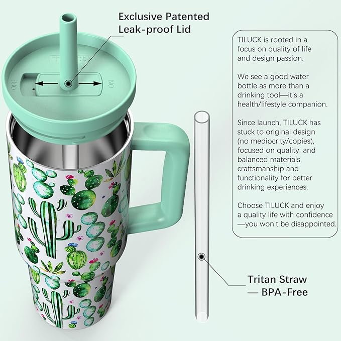 TILUCK 40 oz Tumbler with Handle, Vacuum Insulated Stainless Steel Travel Mug with 100% Leak-Proof Silicone Straw Lid, Cupholder Friendly Water Bottle(Cactus, 40oz) - Bloomnest