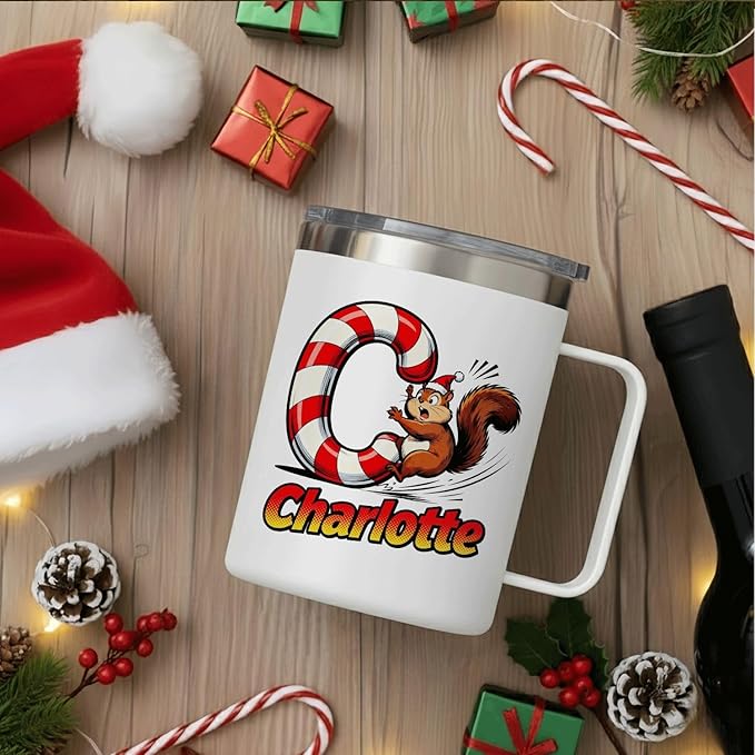 JugJug Personalized Christmas Mug with Candy Cane Initial - Cute Squirrel 12oz Insulated Coffee Cup w/Lid - Sweet Xmas Gifts for Kids, Boys (B177) - Bloomnest