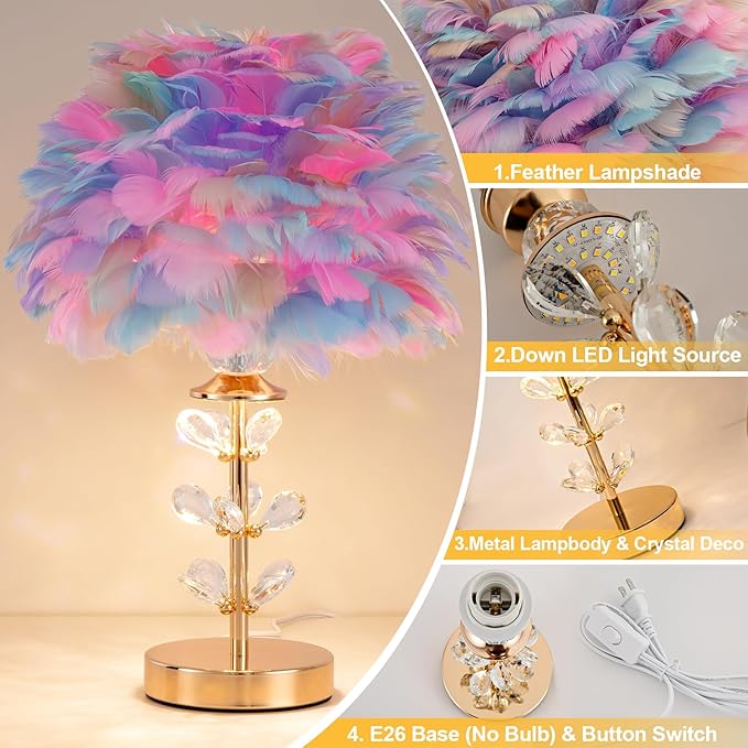 Colorful Feather Lamp Romantic Bedside Nightstand Lamp Creative FfluffyTable Lamp Modern Furry Desk Light for Princess Girls Bedroom Living Room Wedding Christmas Gift Deco Entry Office - Bloomnest