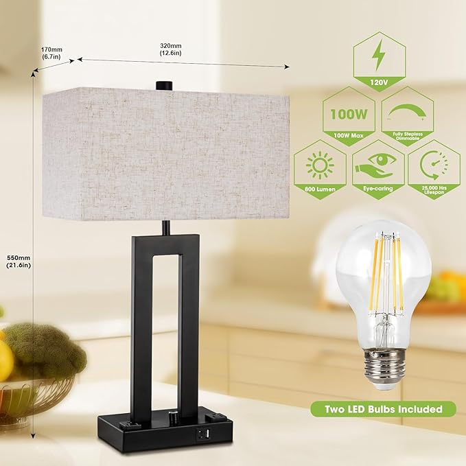 Modern Table Lamps Set of 2-22" Tall Bedside Lamps with USB-C/USB-A Charge Ports & Outlet, Stepless Dimmable Fabric Cream Shade Nightstand Lamps for Bedroom & Living Room - Bloomnest