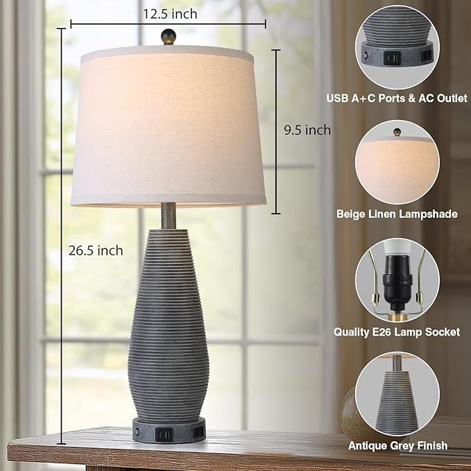 Farmhouse Table Lamps Set of 2 with USB C+A Ports and AC Outlet, 3 Way Touch Rustic Bedside Lamps for Living Room, 26.5" Grey Vintage Lamps for Bedroom Nightstand - Bloomnest