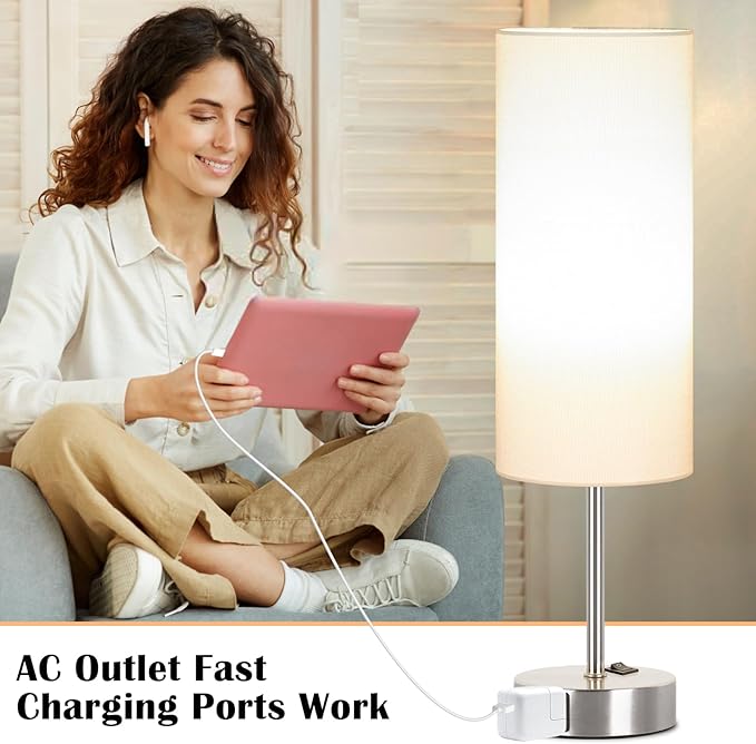 ZJOJO Table Lamp for Bedroom 2 Pack,18in Bedside Lamps with 3 Way Dimmable Rocker Switch & AC Outlet,Nightstand Desk Lamp with White Fabric Shade Nickel Basee for Living Room Home Decor Lights - Bloomnest