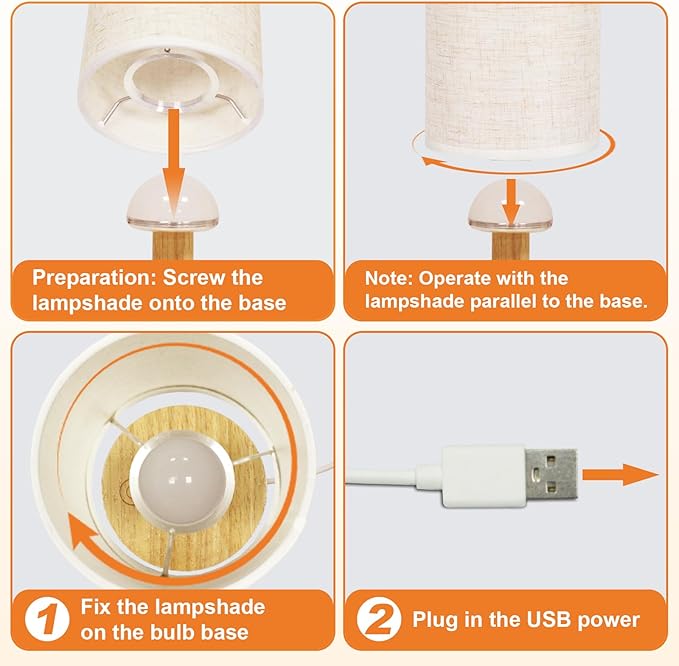Small Touch Table Lamps Set of 2 with Stepless Dimming&USB Plug, Natural Round Wood Base & Linen Fabric Shade |Soft Ambient Night Light |Minimalist Boho Bedside Lamp for Bedroom,Nursery,Kitchen,Dorm - Bloomnest