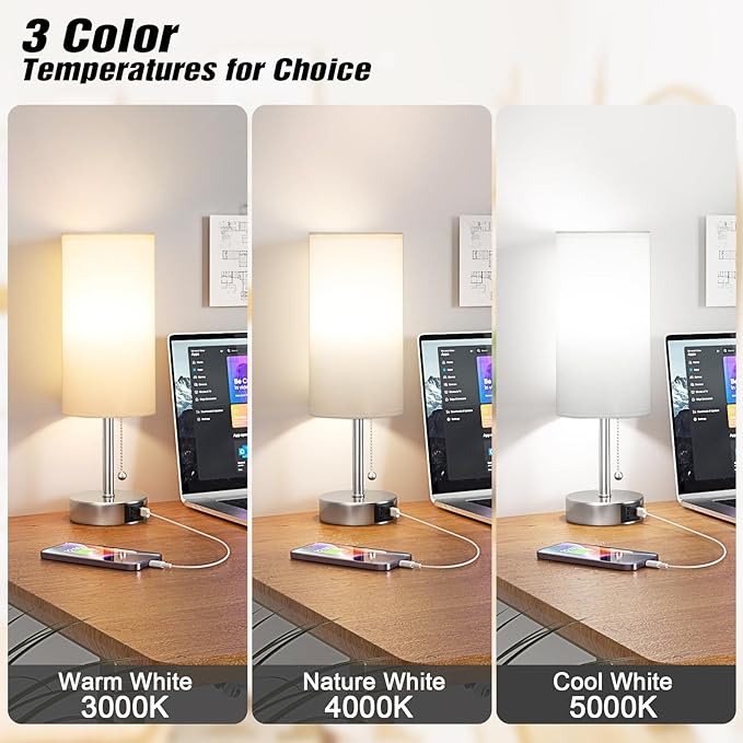 White Table Lamp for Bedroom Nightstand - Small Lamp with USB A + C Charging Port, 3 Color Temperatures Pull Chain Night Stand Light, Silver Base Desk Reading Lamp for Living Room - Bloomnest