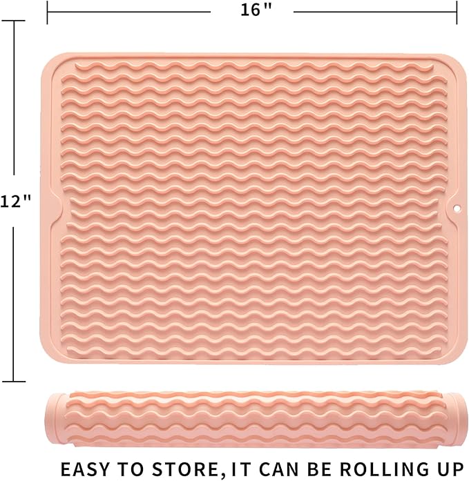 Silicone Dish Drying Mat for Multiple Usage,Easy clean,Eco-friendly,Heat-resistant Silicone Mat for Kitchen Counter or Sink,Refrigerator or drawer liner Pink L 16 inches x 12 inches - Bloomnest