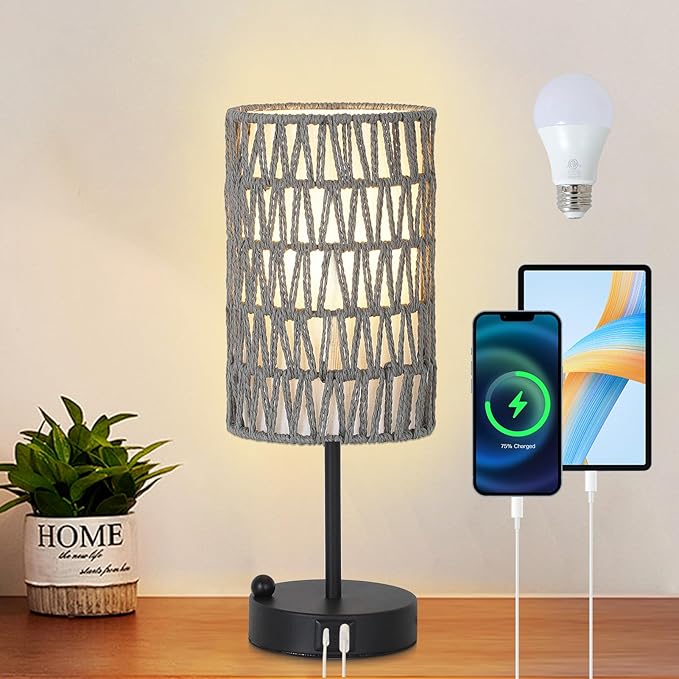 Touch Bedside Lamp For Bedroom with Bulb, Gray Boho Small Table Lamp For Living Room With Rattan & Linen Shade, 3 Way Dimmable Table Lamp For Nightstand With USB Charging Port & Phone Stand For Office - Bloomnest