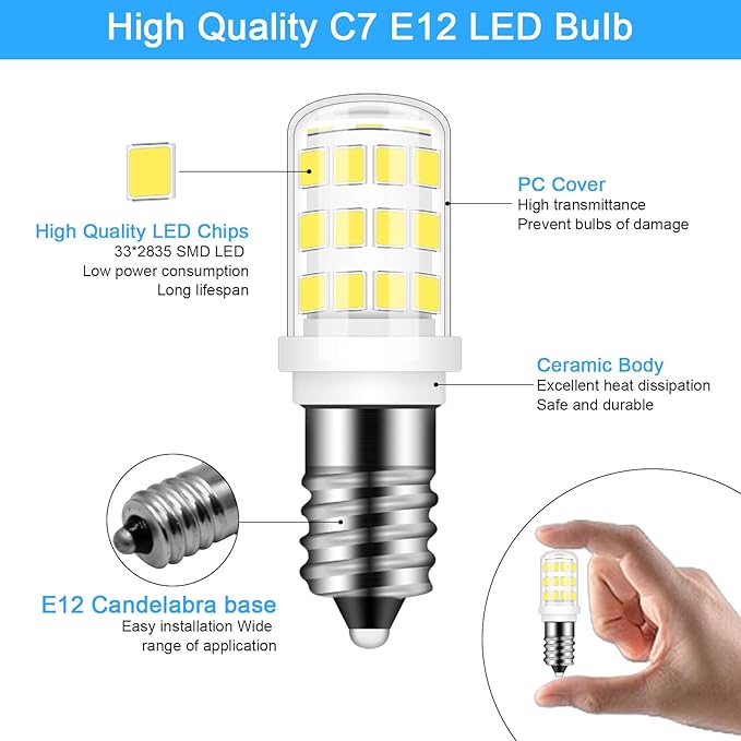 E12 LED Bulb 40w Replacement Type B LED Candelabra Bulbs C7, Daylight White 6000K, E12 4W Fridge Water Dispenser Light Bulb for for Chandeliers Home Lighting Refrigerator/Dryer Drum Light,2 Pack - Bloomnest