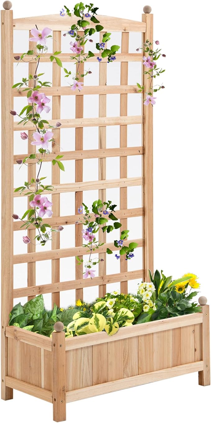 Wooden Raised Garden Planter Box with Trellis, 49.25" Height Flower Shelf Outdoor Plant Stand with Drainage, for Climbing Plants, Vegetables, Herbs, Natural Wood - Bloomnest