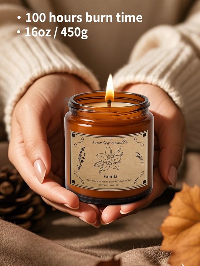Scented Candles for Home, 16oz Large Amber Jar Scented Candle – Vanilla Soy Wax Candle with 100 Hour Burn Time, Long Lasting Aromatherapy Candle for Relaxing Home Fragrance & Gift Giving - Bloomnest