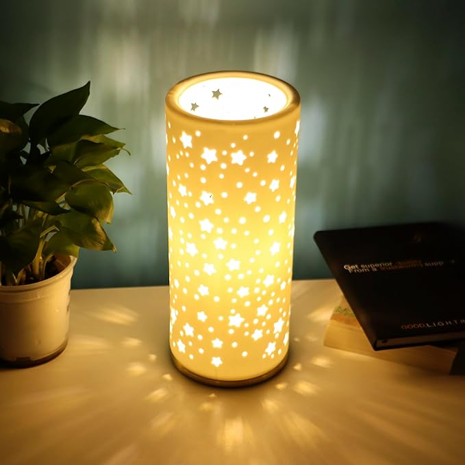 Small Modern Ceramics Bedside Table Lamp, 4.5 x 4.5 x 11 Inch White Starlight Style Nightstand Lamps, Side Table Lamps for Bedroom Living Room Entryway Table Light