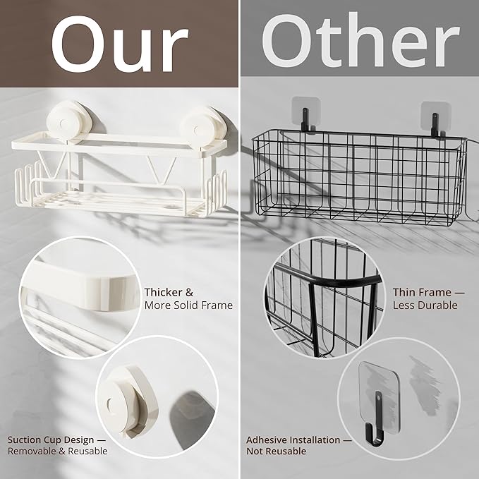 KEGII Suction Cup Shower Caddy, 2 Pack Shower Suction Shelf with Soap Holder & Hooks, No Drilling Bathroom Organizer, Stainless Steel Shampoo Holder for Bathroom Storage Basket, Cream White - Bloomnest