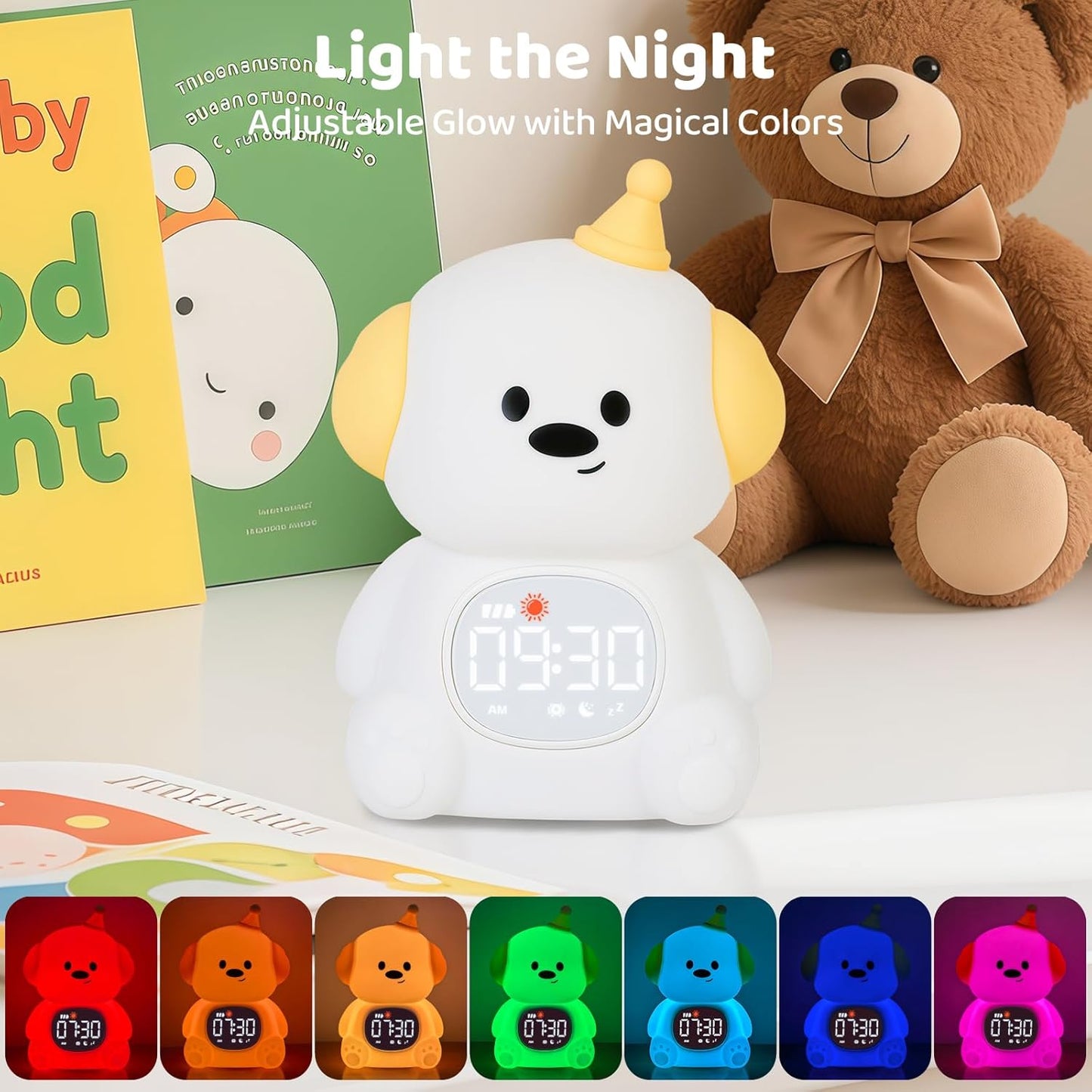 Dog Alarm Clock with Night Light for Kids with Sleep Training and Sound Machine, Rechargeable Silicone Lamp OK to Wake Clock，Cute Animal Tabletop Lamp, Perfect Sleep Companion for Boys Girls
