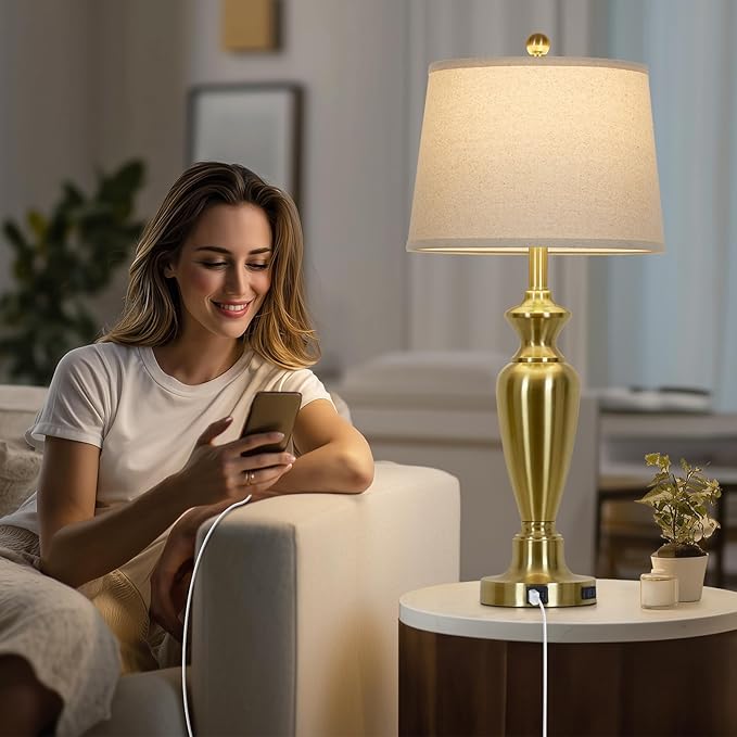 30" Tall Gold Table Lamp for Living Room, 3-Way Dimmable Touch Control Bedside Lamp for Bedroom Nightstand with USB A+C Ports & AC Outlet (1 Pack) - Bloomnest