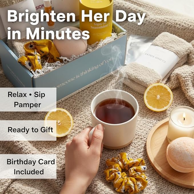 Unboxme Sunshine Gift For Women | Self Care Package with Herbal Tea, Mug, Bath Bomb, Candle, Fluffy Socks, Lip Balm, Sheet Mask, Scrunchie & Happy Birthday Card - Bloomnest