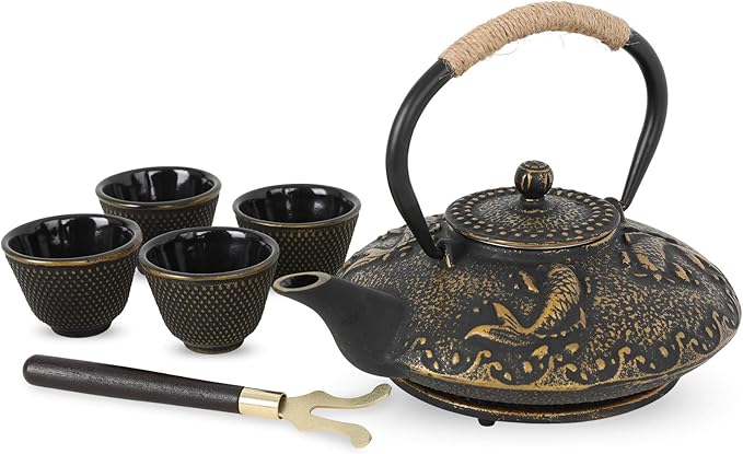 Ufine Koi Fish Cast Iron Teapot Set Stove Top Tea Kettle with 4 Cups Japanese Style Tetsubin Tea Gift Set, 26 oz with Stainless Steel Infuser - Bloomnest