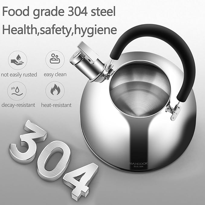 304 Stainless Steel Whistling Tea Kettle 3.17 Quart/3L Tea Pot, Suitable to Boiling Water & Tea on Induction Stove, Gas Stove Top - Bloomnest