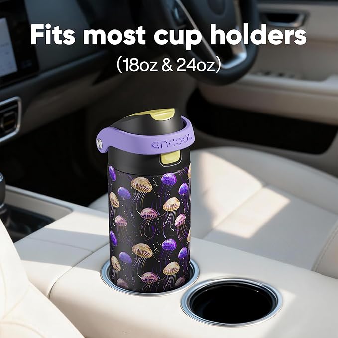 ENCOOL Leakproof Insulated Water Bottle with Straw Dual-Sip Water Bottle Bag-Safe Design for Work, Commute & Gym – Keeps Drinks Cold All Day, 24 oz, Neon Jellyfish ENCOOL