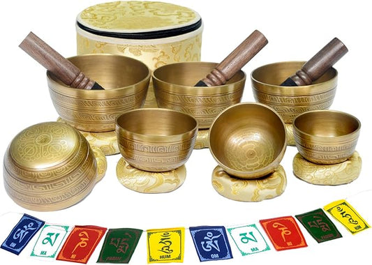 Tibetan Singing Bowl Set of 7 Himalayan Bowl Vajra Engraved Chakra bowl Authentic 7 metals Handmade in Nepal for Yoga, Chakra healing, Deep Relaxation Mindfulness - Bloomnest
