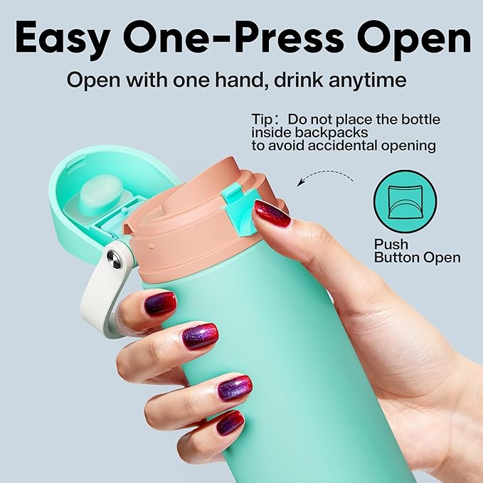 Insulated Water Bottle with Straw - Encool Stainless Steel Water Bottle with Push Button Lid, Leak-Proof & BPA-Free, Keeps Cold for 24 Hours for Sports, Travel, Gym (24 oz, Turquoise) ENCOOL