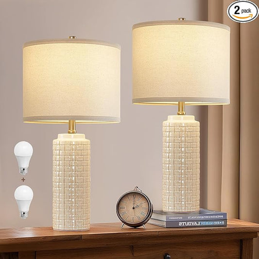 Luvkczc 24.8" Modern Ceramic Bedside Lamp Set of 2, 3 Color Temperature&Bulbs Included - Farmhouse Nightstand Lamps for Living Room Bedroom End Table Office Entryway - Bloomnest