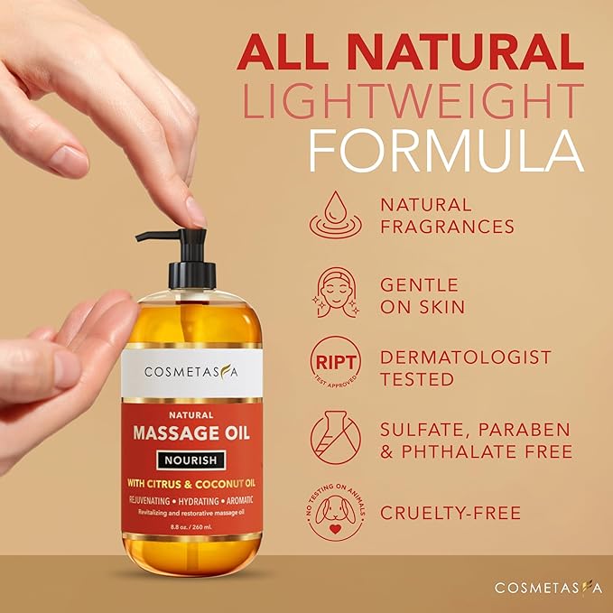 Natural Nourishing Citrus & Coconut Massage Oil- Smooth Glide, Non Greasy Therapeutic Massage Oils with Rejuvenating, Hydrating & Aromatic Essential Oils for Dry Skin, Soothes Muscle & Joints 8.8 oz - Bloomnest