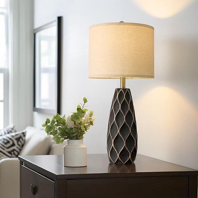 PORTRES 27.5" Ceramic Table Lamps for Bedroom Living Room Lamps Set of 2 Modern Bedside Nightstand Lamp Farmhouse Vintage Rustic Boho Retro Large Table Lamps Light Home Office Desk Deco Gifts, Black - Bloomnest