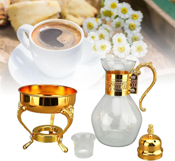 Fockety Vintage Turkish Coffee Pot Set, Decorative Glass Teapot, Heatable Glass Tea Kettle with Lid and Cup, Multi-Purpose Beverage Kettle, Unique Design, Gold - Bloomnest