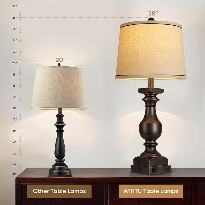 28'' Farmhouse Bedside Lamps Set of 2, Black Gold Table Lamps for Nightstand, Desk Lamps with Linen Shades, Table Lamps with USB A+C Port, Nightstand Lamps for Bedroom, Rocker Switch, Bulb Included - Bloomnest