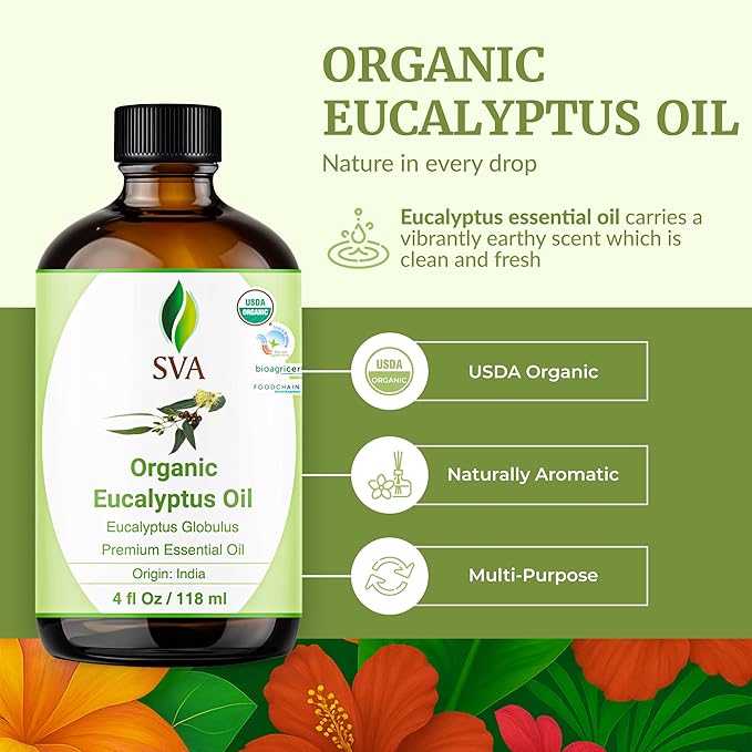 SVA Eucalyptus Essential Oil Organic – 4 Fl Oz – 100% Natural Organic Eucalyptus Oil - for Diffuser, Hair, Face, Skin Care, Aromatherapy, Scalp and Body Massage, Soap and Candle Making - with Dropper - Bloomnest