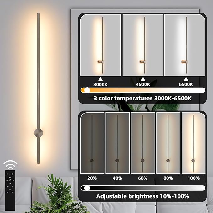 Battery Operated Wall Sconces with Remote, Dimmable 3000K-6000K/Timer/Memory LED Wall Lamp, 350°Rotate, USB Rechargeable Wireless wall lights for Living Room, Bedroom Brushed Nickel 39.3" (2 Pack) - Bloomnest