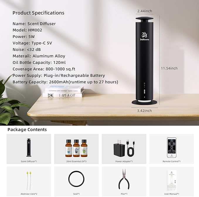 Waterless Scent Diffuser Starter Kit, Diffusers for Home Office Hotel 1000 Sq Ft Coverage, Cordless Essential Oil Diffuser Large Room with 3 Mood Lights, 3 Scent Oils, App Control, Black - Bloomnest