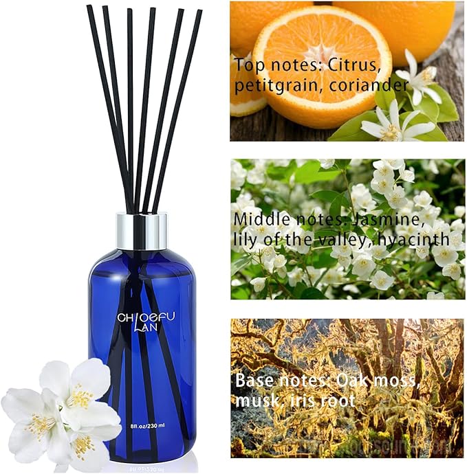 Chloefu Lan Jasmine Reéd Diffuser,8.1 oz Natural Essential Scented Oil with Diffuser Sticks,Blue Jar, Home & Office Decor Aromatherapy Diffuser Oil Gift Set - Bloomnest