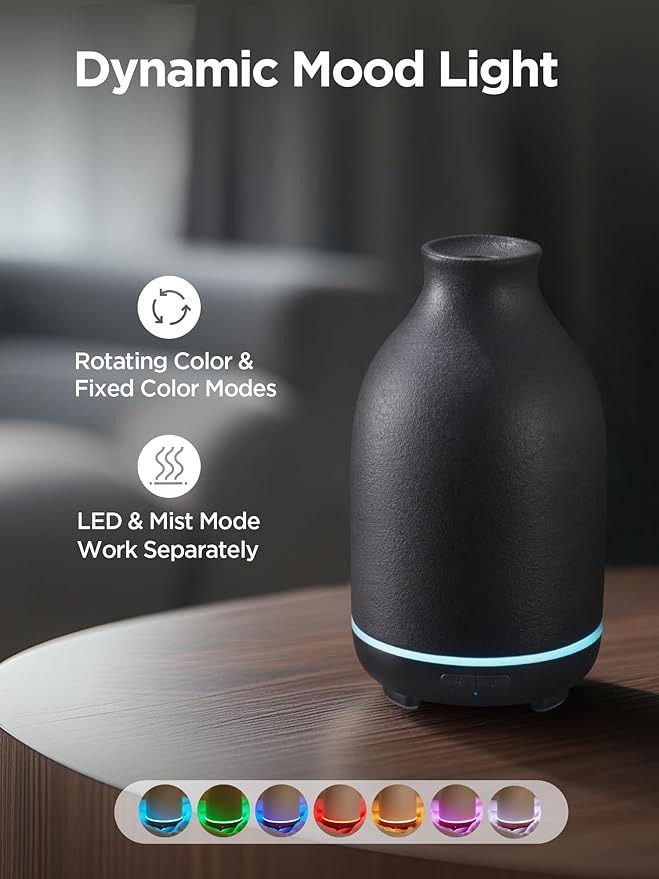 InnoGear Essential Oil Diffuser, 150ml Ceramic Stone Diffuser Handcrafted Aromatherapy Diffusers Ultrasonic Cool Mist Humidifier Vaporizor with 2 Mist Modes Waterless Auto Off for Room Office, Black - Bloomnest