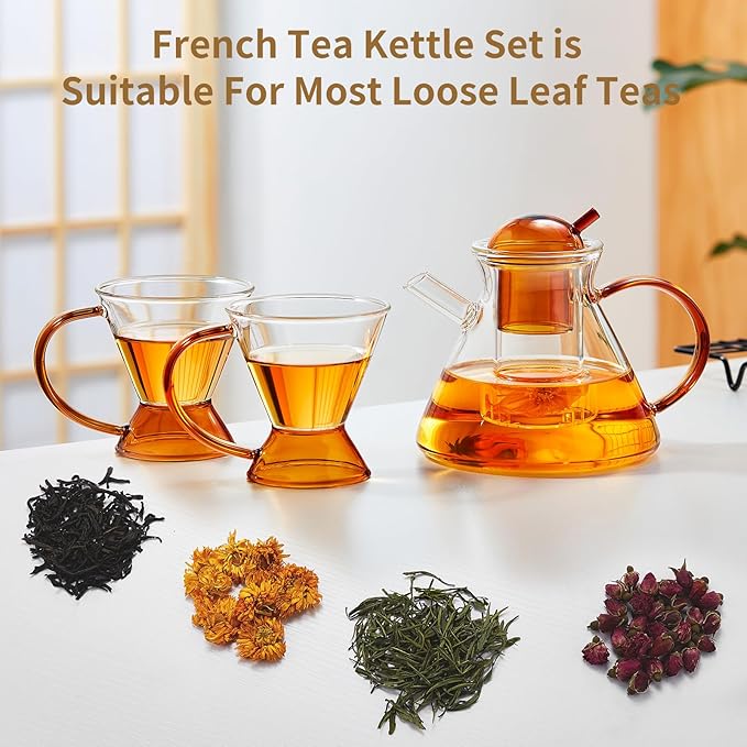French Style Glass Teapot Set with 2 Glass Cups - Amber Borosilicate Teapot with Glass Filter, 12 Filter Gaps, Transparent Design - Bloomnest