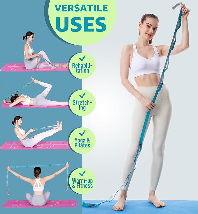 HiRui Stretching Strap Yoga Strap with Door Anchor, 14-Loops Non-Elastic Stretch Straps for Physical Therapy, Pilates, Dance, Gymnastics | Stretch Band with Workout Guide for Women & Men - Bloomnest