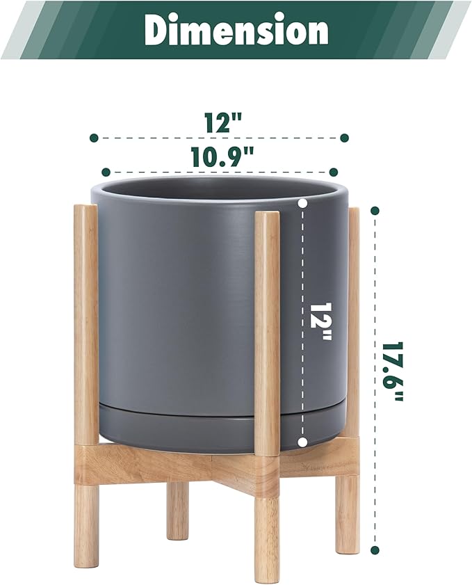 D'vine Dev Ceramic Planter with Natural Stand - 12 Inch Modern Round Flower Pot with Wood Planter Holder, Grey, 55-B-J-3 - Bloomnest