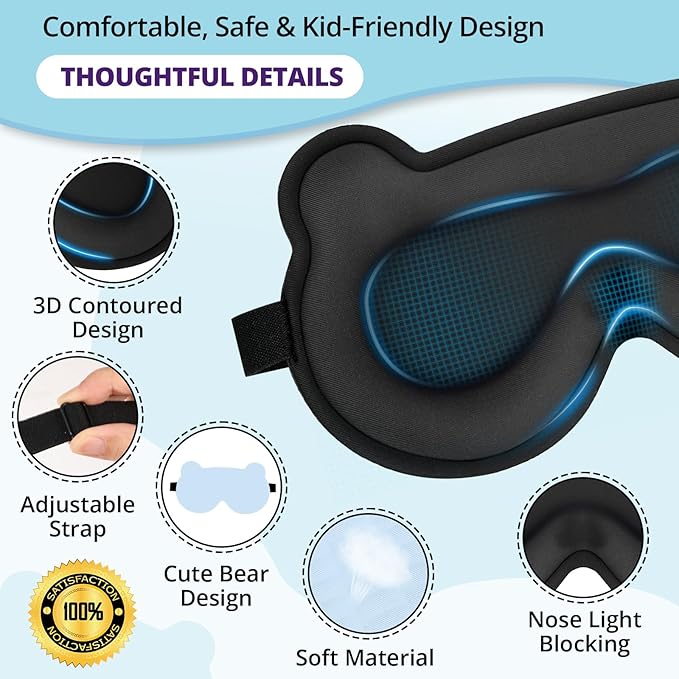 Kids Sleep Mask, 3D Sleeping Eye Mask for Kids with Adjustable Elastic Strap, Bear Shape Eye Cover with Memory Foam, Soft & Light-Blocking, Gift for Boys Girls Teens Age 5–15 (Blue) - Bloomnest