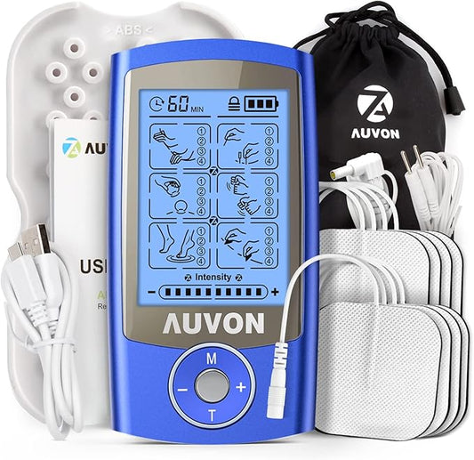 AUVON Rechargeable TENS Unit Muscle Stimulator, 24 Modes 4th Gen TENS Machine with 8pcs 2"x2" Premium Electrode Pads for Pain Relief AUVON