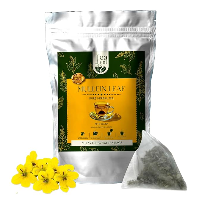 Tealeaf & Co. Mullein Leaf Tea Blended with Fresh Herbs - Pure Herbal Tea Bags with Mullein Leaf Extract - Flavored Herbal Blend - Low Caffeine - Gluten Free - 50 Teabags - Bloomnest