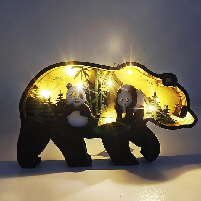 Drawelry 3D Wood Carving Animals Lamp Home Decorative, Cute Bear Family Elephant Presents Ideas Christmas Living Room Office Decor Warm LED Night Lights Gift for Friend Daughter Son Mom Dad (Panda) - Bloomnest