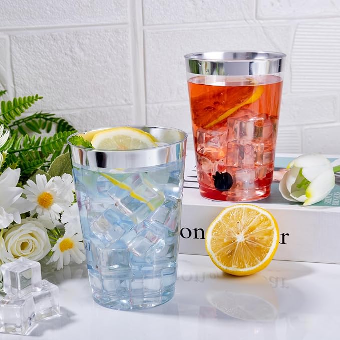 I00000 200 Pack 12 oz Silver Plastic Cups, Silver Rimmed Disposable Cups, Plastic Party Wine Glasses Cocktail Glasses Heavy Duty Cups with Silver Rim, 12 Ounce Tumblers For Party - Bloomnest
