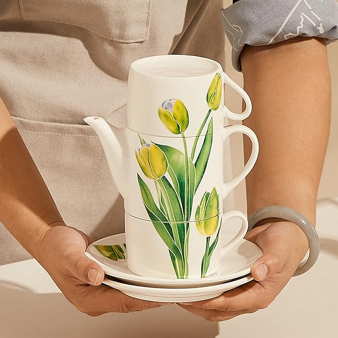 Ceramic Tea Set for Two, 13.6oz Teapot with Infuser, Stacked Kettle Two Cup and Saucer with Handpainted Flower Pattern, Office Home Gift for Women and Adults, Style 2 - Bloomnest