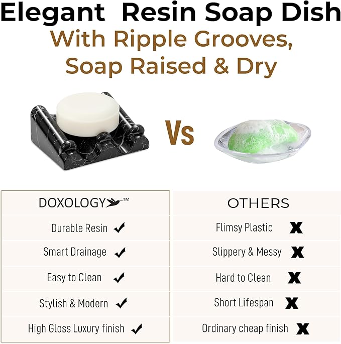 DOXOLOGY Black Marble Soap Dish Bathroom Organizer - Resin Soap Dish with Rectangular Design 3.7" L x 2.8" W - Self Draining Soap Dishes Keeps Countertop Neat - Marble Look Soap Tray for Sink - Bloomnest