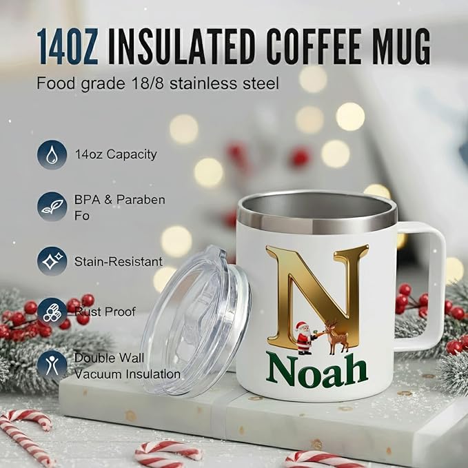 Personalized Christmas Insulated Coffee Mug with Handle – Custom Gold Initial Letter [O] with Santa & Reindeer & Green Name [Olivia] – [Your Brand Name] (B120) - Bloomnest