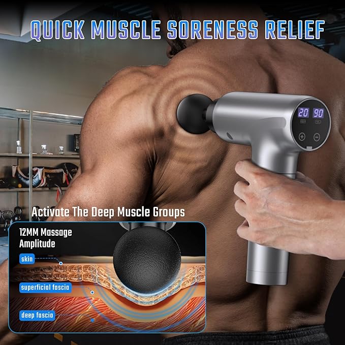 Massage Gun, Muscle Massage Gun Deep Tissue Back Massager for Pain Relief, 20 Speeds Handheld Electric Massager Tool with Silent Brushless Motor, Suitable for Gym Office Home Travel (Silver Grey) - Bloomnest